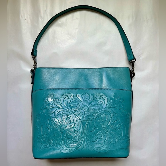 Patricia Nash Harper Tooled Leather Shoulder Bag with Crossbody Strap-Blue Grass - Picture 2 of 8